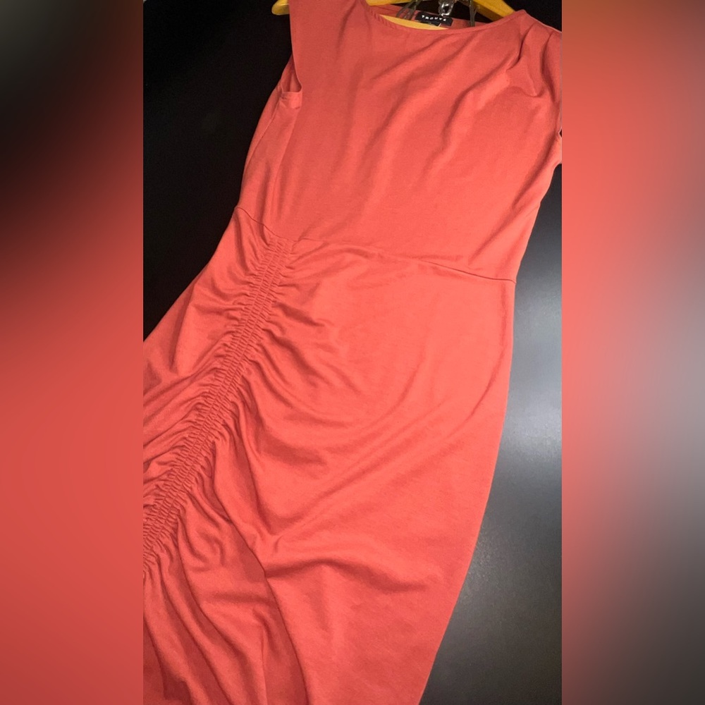 Trouve Womens Deep Coral Ruched Sleeveless Round Neck Midi Bodycone Dress Sz XS